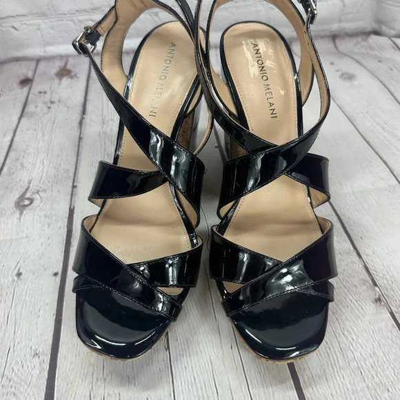 antonio melani SYDNIEE wedge sandals black patent cork look heel size 8.5 - Picture 7 of 11